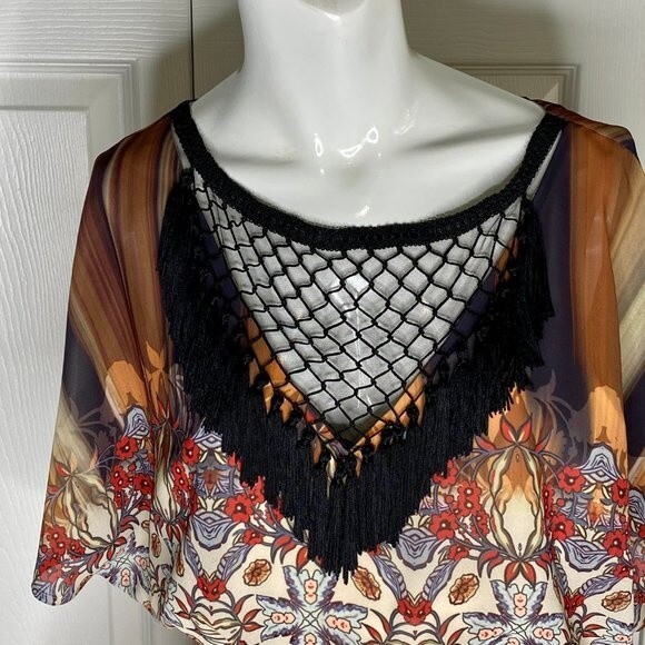 BEBE Dress Multi Coral Yellow Red Brown Black Mesh Tassels Mini Size XS EUC! - Picture 5 of 14